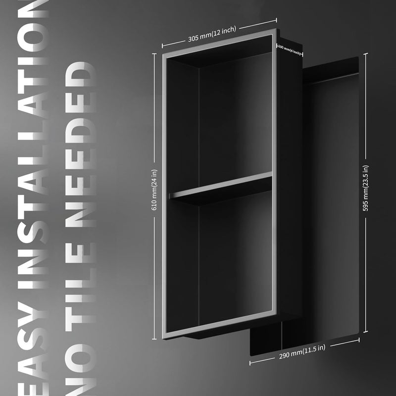 Homevacious 12"×24" Stainless Steel Shower Niche No Tile Needed Matte Black Double Shelves Bathroom Niche Shelf Rimless Recessed Wall Niche for Bathroom Storage - Image 3